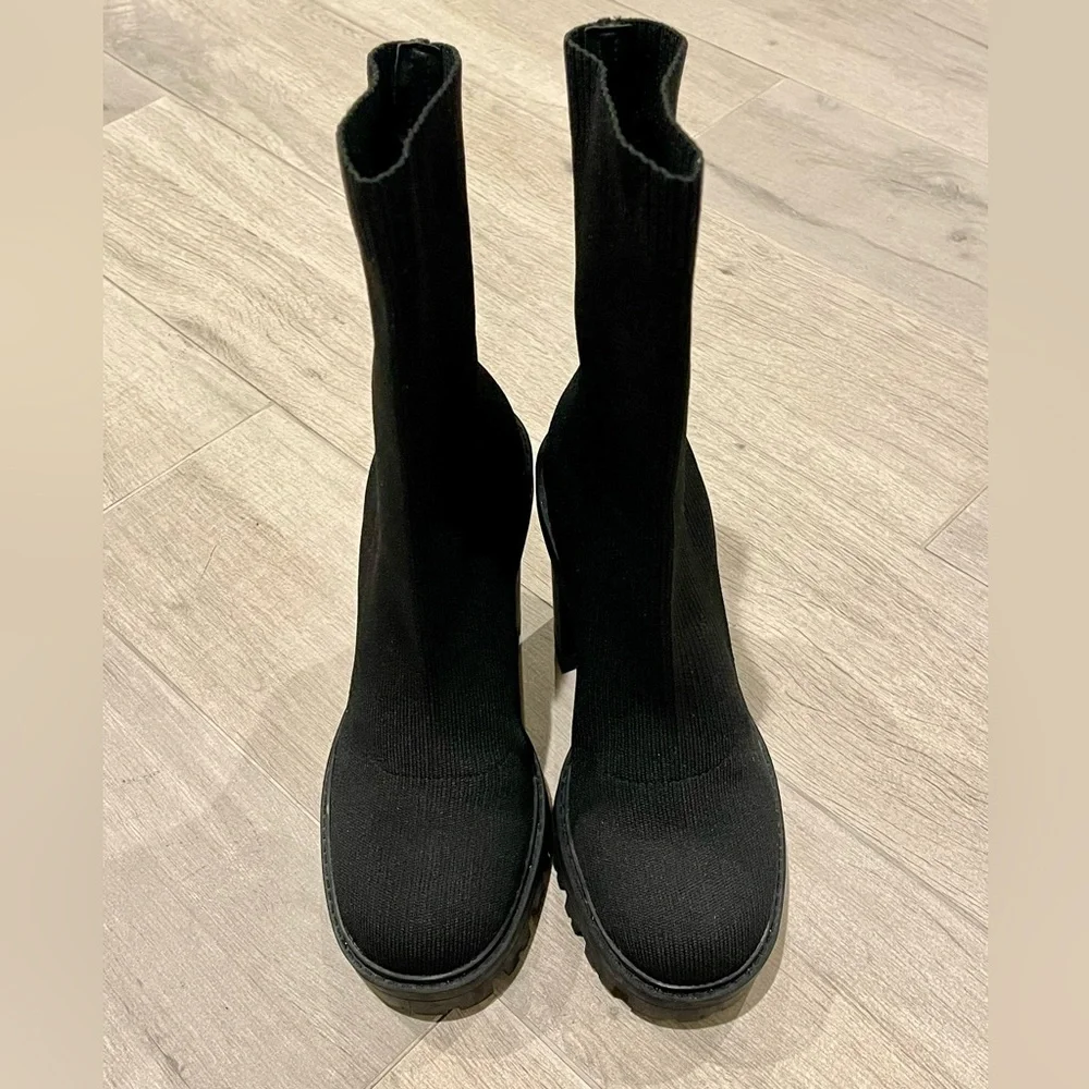 Zara Black Sock Womens Booties Block Chunky Heels Size 36